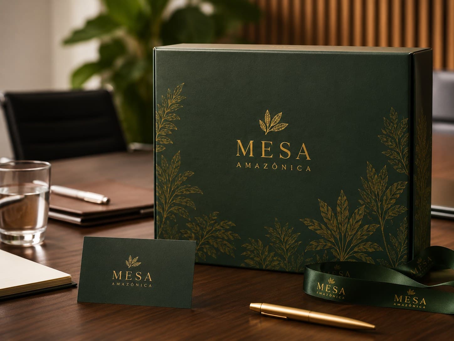 Caixa Mesa Amazônica apresentada em ambiente corporativo com cartão e fita