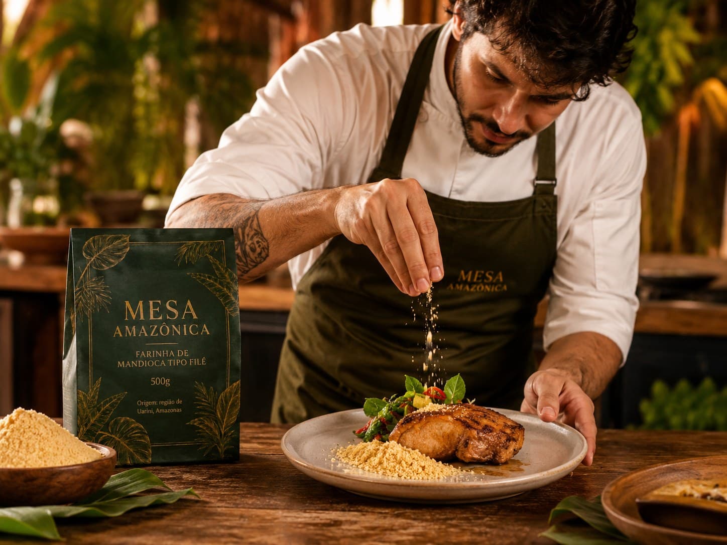 Chef finalizando prato com farinha Mesa Amazônica ao lado da embalagem