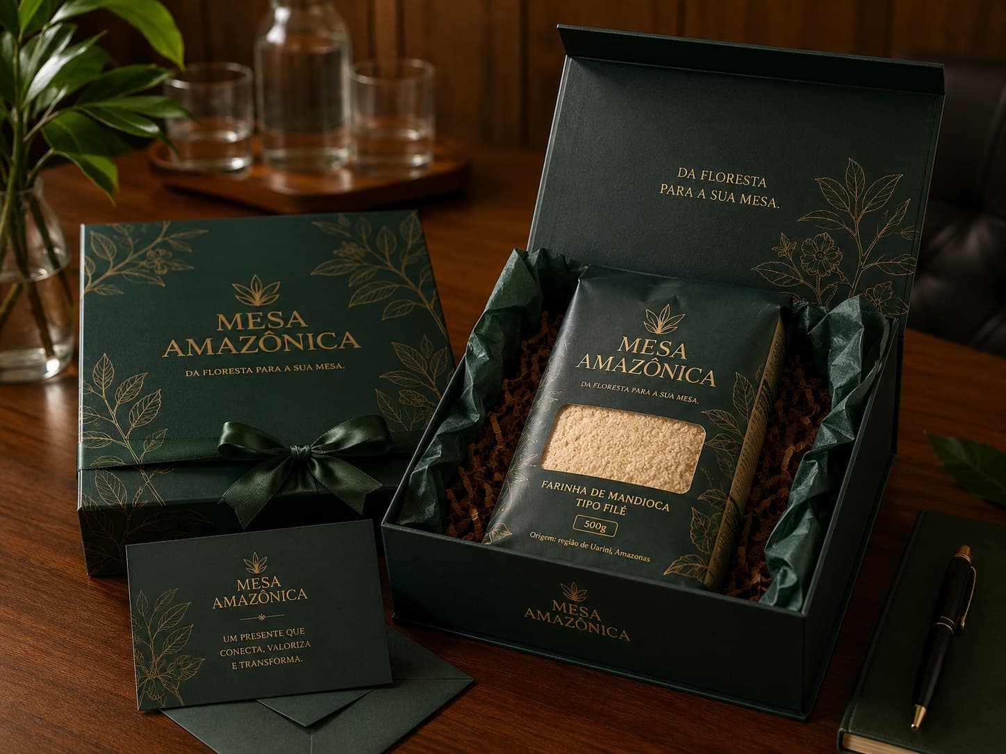 Kit corporativo Mesa Amazônica com caixa presente, cartão e embalagem premium