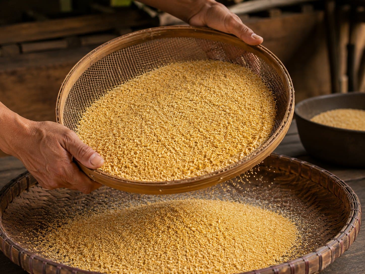 Mãos de produtor segurando farinha de mandioca tipo filé