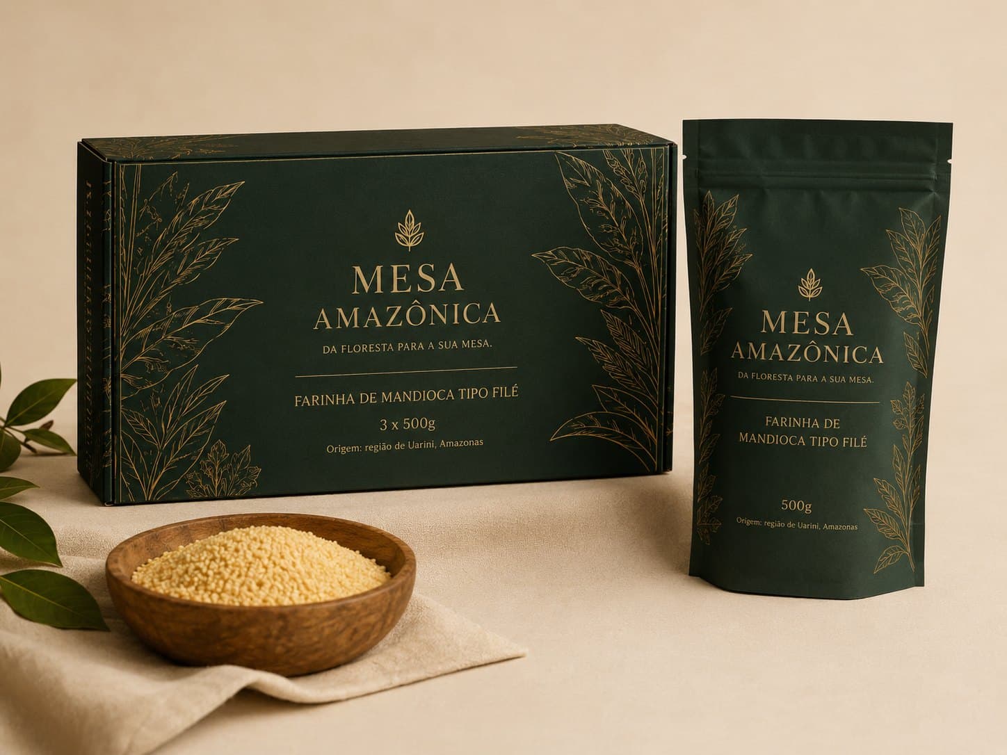 Mesa posta com caixa e pacote Mesa Amazônica em ambiente natural