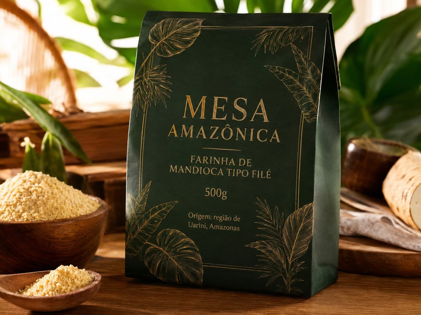 Pacote individual de 500g Mesa Amazônica em ambientação natural com farinha ao lado